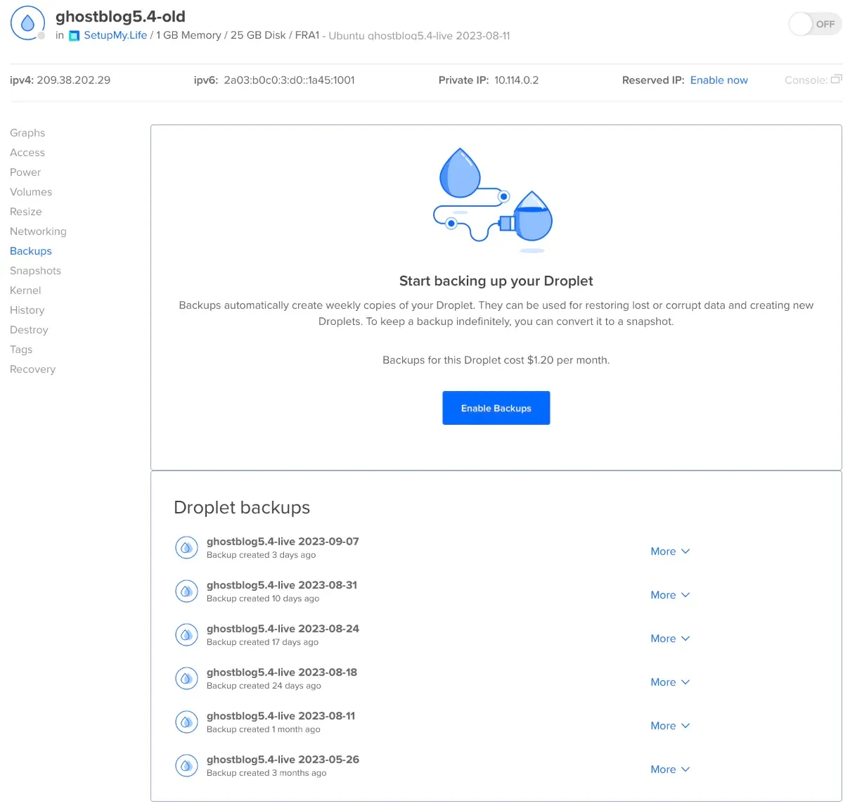 Droplet dashboard with the Backups tab open